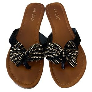 ALDO • Flat Flip Flop Sandals with Bow Strap • Black/Brown/Gold